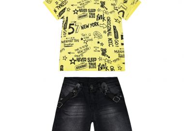 Σετ μπλούζα εμπριμέ με τζιν βερμούδα και τιράντες για αγόρι - Κίτρινο 12-223122-0 - energiers - 