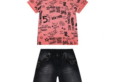 Σετ μπλούζα εμπριμέ με τζιν βερμούδα και τιράντες για αγόρι - Πορτοκαλί 12-223122-0 - energiers - 