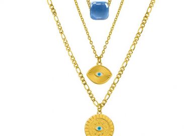 Σετ Τριπλό Κολιέ Από Ανοξείδωτο Ατσάλι Και Ορείχαλκο Επιχρυσωμένο 24Κ Με Ματάκι Και Χάντρα AA17737 - AMOR AMOR - 