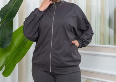 SINDY γυναικεία φούτερ ζακέτα με φερμουάρ γκρι (BIGSIZE) - SOU - 