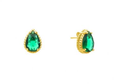 Σκουλαρίκια Από Ασήμι 925 Επιχρυσωμένο 24Κ Μονόπετρο Δάκρυ Πράσινο PS47809 - AMOR AMOR - 