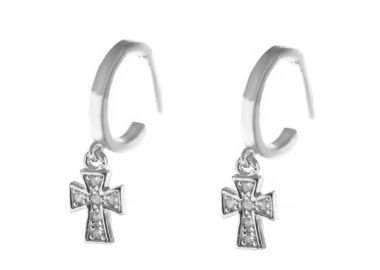 Σκουλαρίκια γυναικεία κρικάκια με σταυρό από ασήμι και πέτρες ζιργκόν -  - 