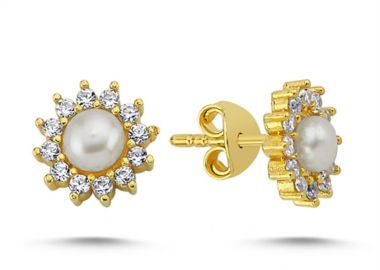 Σκουλαρίκια γυναικεία Paraxenies από επιχρυσωμένο ασήμι 925 με μαργαριτάρι και πέτρες ζιργκόν SL105 -  - 