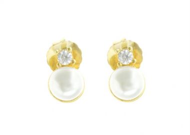 Σκουλαρίκια καρφωτά γυναικεία με μαργαριτάρι και ζιργκόν στο πάνω μέρος από επιχρυσωμένο ασήμι -  - 
