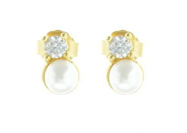 Σκουλαρίκια καρφωτά γυναικεία με μαργαριτάρι και ζιργκόν στο πάνω μέρος από επιχρυσωμένο ασήμι -  - 