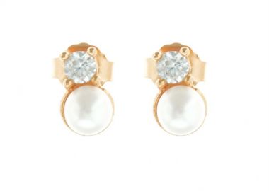 Σκουλαρίκια καρφωτά γυναικεία με μαργαριτάρι και ζιργκόν στο πάνω μέρος από ρόζ επιχρυσωμένο ασήμι -  - 