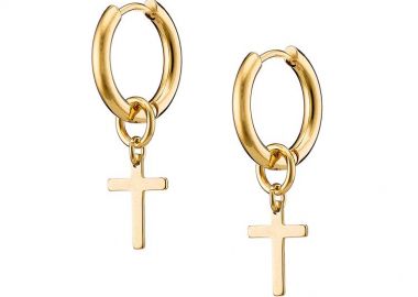Σκουλαρίκια Κρίκοι 10mm Από Ατσάλι Επιχρυσωμένο 24Κ Με Σταυρό AS48692 - AMOR AMOR - 