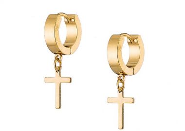 Σκουλαρίκια Κρίκοι 3x10 mm Από Ατσάλι Επιχρυσωμένο 24Κ Με Σταυρό AS48681 - AMOR AMOR - 