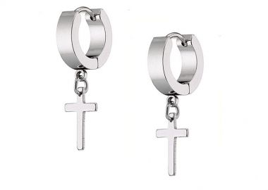 Σκουλαρίκια Κρίκοι 3x10 mm Από Ατσάλι Με Σταυρό AS48680 - AMOR AMOR - 