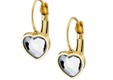 Σκουλαρίκια Κρίκοι Από Ατσάλι Επιχρυσωμένο 24Κ Με Καρδιά Λευκή AS47890 - AMOR AMOR - 