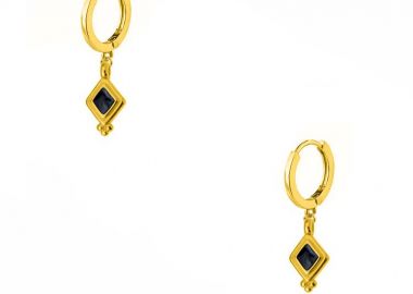 Σκουλαρίκια Κρίκοι Από Ορείχαλκο Επιχρυσωμένο 24Κ Με Ρόμβο Μαύρο AA48516 - AMOR AMOR - 