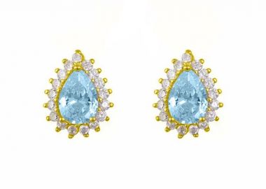 Σκουλαρίκια Ροζέτα Από Ασήμι 925 Επιχρυσωμένο Δάκρυ Με Ζιργκόν Aqua SS47795 - AMOR AMOR - 