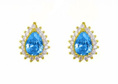 Σκουλαρίκια Ροζέτα Από Ασήμι 925 Επιχρυσωμένο Δάκρυ Με Ζιργκόν Blue Topaz SS47787 - AMOR AMOR - 