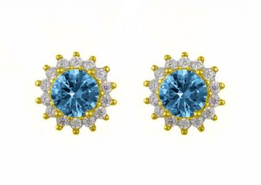 Σκουλαρίκια Ροζέτα Από Ασήμι 925 Επιχρυσωμένο Στρογγυλό Με Ζιργκόν Blue Topaz SS47785 - AMOR AMOR - 