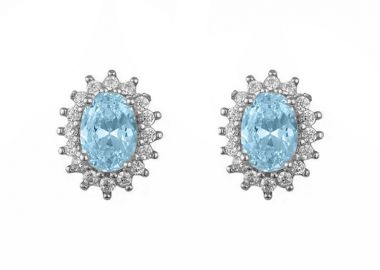 Σκουλαρίκια Ροζέτα Από Ασήμι 925 Οβάλ Με Ζιργκόν Aqua SS47788 - AMOR AMOR - 