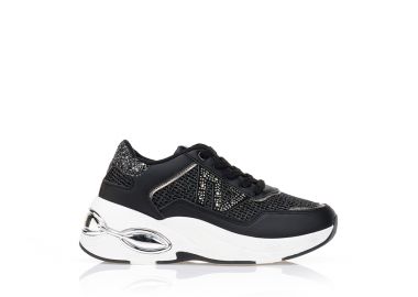 Sneakers δερματίνη με διάτρητο glitter σχέδιο ΜΑΥΡΟ - Tsoukalas - 