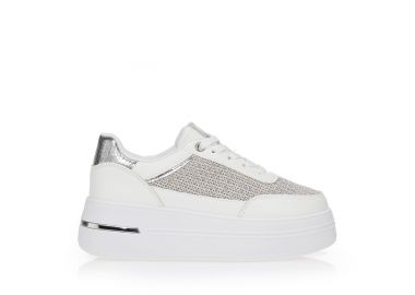 Sneakers με συνδυασμό υλικών και ασημί πλέξη ΛΕΥΚΟ - Tsoukalas - 