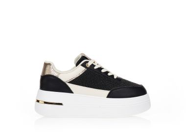 Sneakers με συνδυασμό υλικών και μαύρη πλέξη ΜΑΥΡΟ - Tsoukalas - 