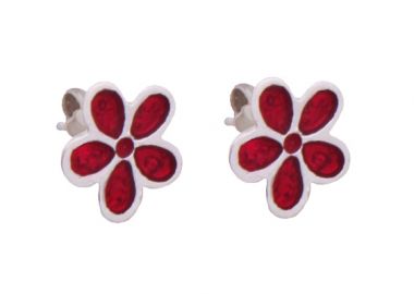 Stelios Ασημένια καρφωτά σκουλαρίκια κόκκινο λουλούδι - Stelios - 