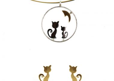 Stelios Ασημένιο επίχρυσο σετ κολιέ - σκουλαρίκια γάτες - JT - 