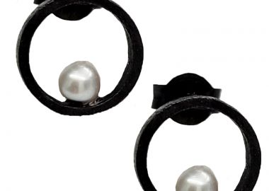 Stelios Χειροποίητα ασημένια σκουλαρίκια κύκλοι μαργαριτάρι Μαύρο - Stelios - 