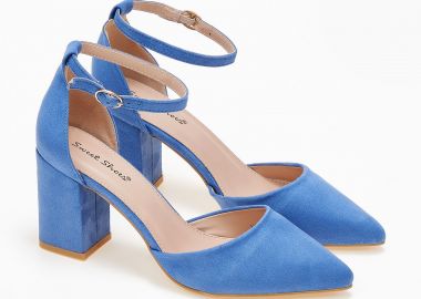 Suede μυτερές γόβες με χοντρό τακούνι και λουράκι αστραγάλου - Μπλε - Issue - 
