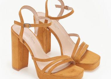 Suede πέδιλα με χοντρό τακούνι - Κάμελ - Issue - 