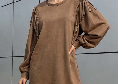 suede ριχτό φόρεμα κρόσσια Gabby καφέ - PerfectDress.gr - 