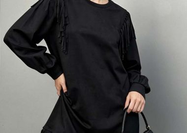 suede ριχτό φόρεμα κρόσσια Gabby μαύρο - PerfectDress.gr - 