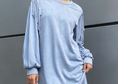 suede ριχτό φόρεμα κρόσσια Gabby σιέλ - PerfectDress.gr - 