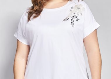 T-shirt βαμβακερό με κέντημα και στρας -  - 