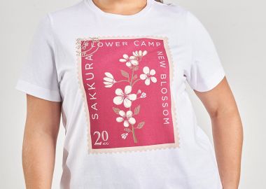 T-shirt βαμβακερό με στάμπα γραμματόσημο φλοράλ -  - 