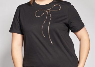 T-shirt βαμβακερό με strass φιόγκο -  - 