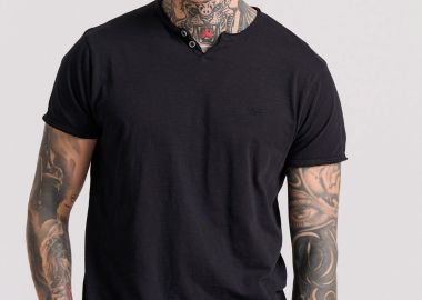 T-shirt με λαιμό henley και raw cuts - The essentials - FUNKY BUDDHA - 