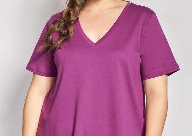 T-Shirt μονόχρωμο με V από Μερσεριζέ Βαμβάκι -  - 