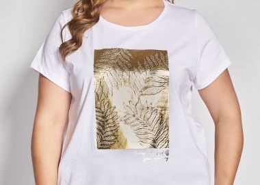 T-Shirt Μπλούζα με Foil Τύπωμα Φύλλων και Strass -  - 