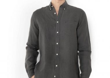 The Bostonians ανδρικό λινό πουκάμισο button down με τσέπη και κεντημένο λογότυπο Regular Fit - AAP2412 Ανθρακί - THE BOSTONIANS - 