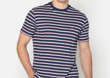 The Bostonians ανδρικό T-shirt πικέ με ριγέ σχέδιο και κεντημένο λογότυπο Regular Fit - TS4226 Μπλε Marine - THE BOSTONIANS - 