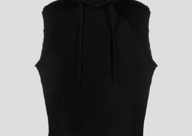 THOM KROM Ανδρικό Μαύρο Raw-Cut Ribbed-Knit Sleeveless Hoodie - THOM KROM - 