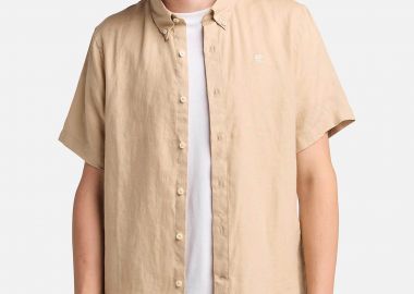 Timberland ανδρικό λινό πουκάμισο button down κοντομάνικο με κεντημένο tree logo Slim Fit 
