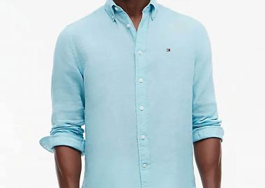 Tommy Hilfiger ανδρικό λινό πουκάμισο button down με κεντημένο logo flag Regular Fit - MW0MW41530 Γαλάζιο - TOMMY HILFIGER - 