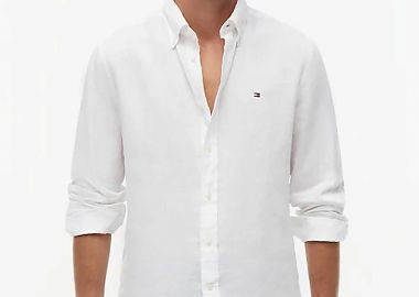 Tommy Hilfiger ανδρικό λινό πουκάμισο button down με κεντημένο logo flag Regular Fit - MW0MW41530 Λευκό - TOMMY HILFIGER - 