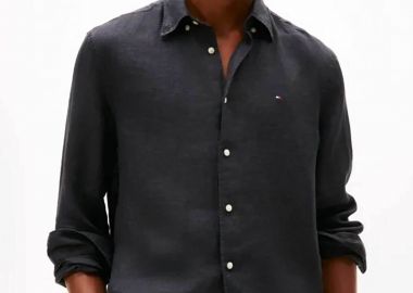 Tommy Hilfiger ανδρικό λινό πουκάμισο button down με κεντημένο logo flag Regular Fit - MW0MW41530 Μαύρο - TOMMY HILFIGER - 