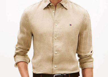 Tommy Hilfiger ανδρικό λινό πουκάμισο button down με κεντημένο logo flag Regular Fit - MW0MW41530 Μπεζ - TOMMY HILFIGER - 