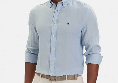 Tommy Hilfiger ανδρικό λινό πουκάμισο button down με κεντημένο logo flag Regular Fit - MW0MW41530 Μπλε Ανοιχτό - TOMMY HILFIGER - 