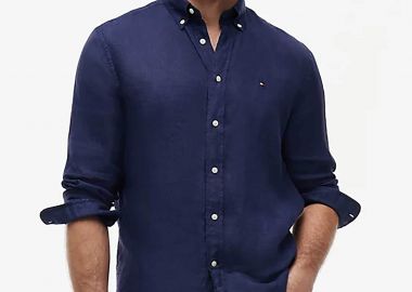 Tommy Hilfiger ανδρικό λινό πουκάμισο button down με κεντημένο logo flag Regular Fit - MW0MW41530 Μπλε Navy - TOMMY HILFIGER - 
