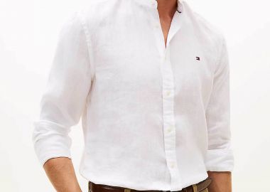 Tommy Hilfiger ανδρικό λινό πουκάμισο με κεντημένο logo flag Slim Fit - MW0MW39271 Λευκό - TOMMY HILFIGER - 