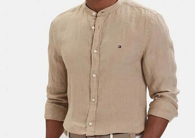 Tommy Hilfiger ανδρικό λινό πουκάμισο με κεντημένο logo flag Slim Fit - MW0MW39271 Μπεζ - TOMMY HILFIGER - 