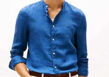 Tommy Hilfiger ανδρικό λινό πουκάμισο με κεντημένο logo flag Slim Fit - MW0MW39271 Μπλε - TOMMY HILFIGER - 