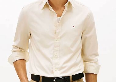 Tommy Hilfiger ανδρικό πουκάμισο button down με κεντημένο λογότυπο Regular Fit - MW0MW37550 Εκρού - TOMMY HILFIGER - 